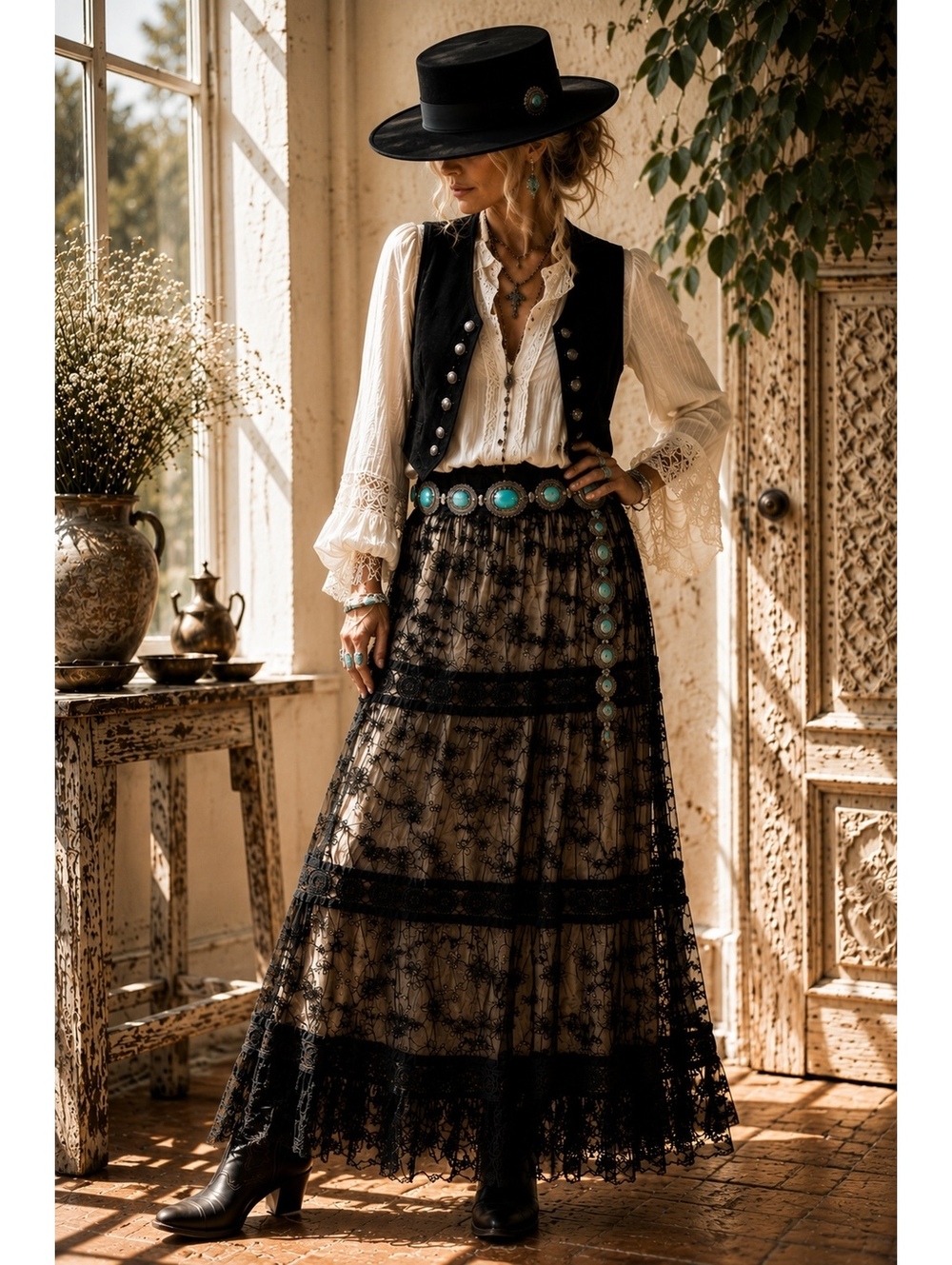Anu NOS Black Embroidered Lace Maxi Skirt Boho Romantic Size M
